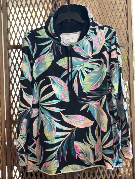torrid Tops - Torrid Pullover Black Hoodie with Pastel Tropical Leaf Print